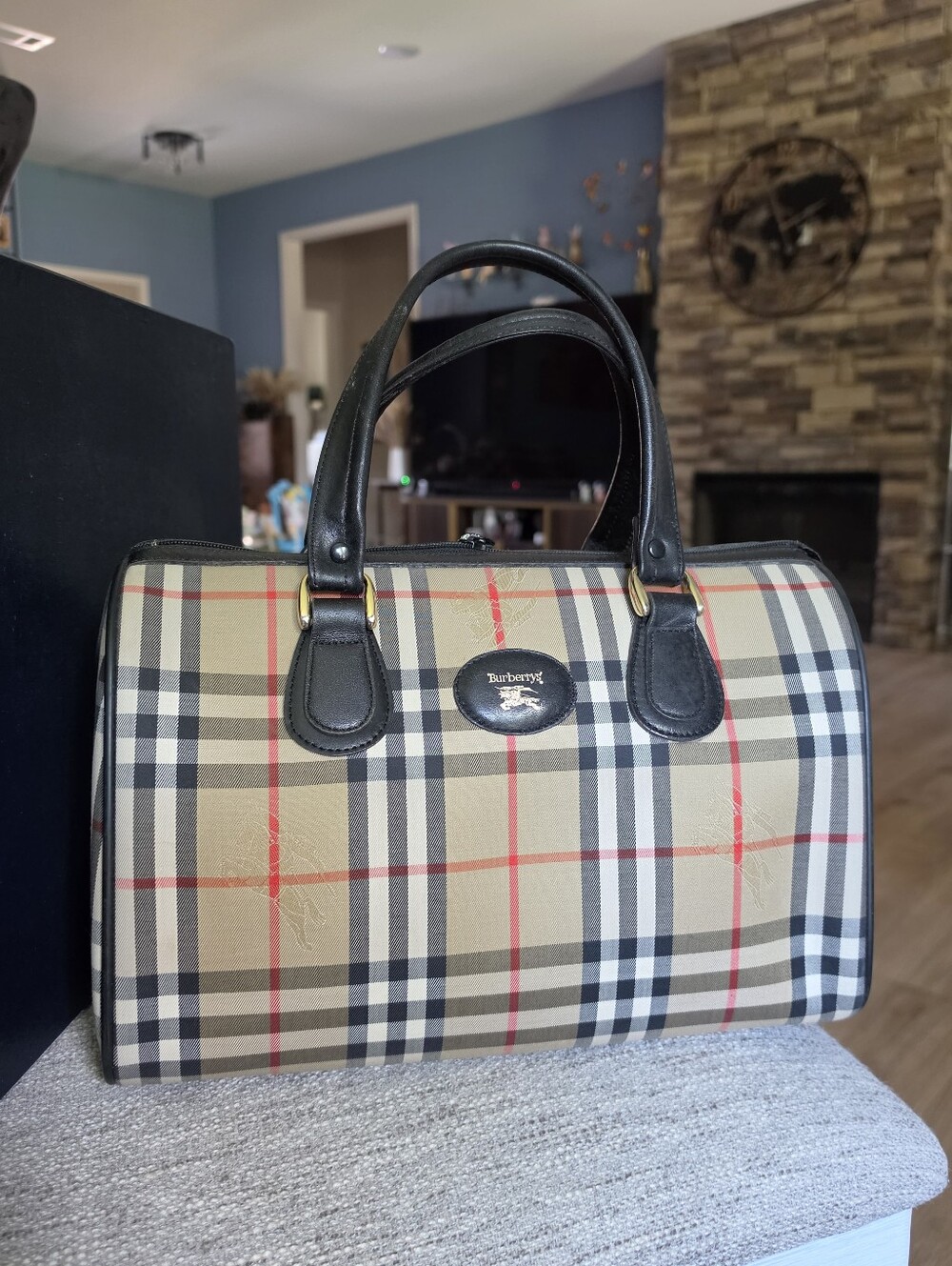 Authentic Burberry Classic Check Leather-Trim Satchel in Beige/Black/Red